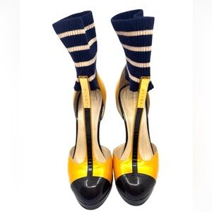 CHANEL Yellow and Black Heels with Striped Socks- Size 36.5